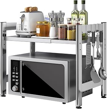 2-Tier Expandable Microwave Oven Rack Stainless Steel Countertop
