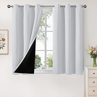 YoungsTex Short 100% Blackout Curtains 48 Inches Length for Window, Bedroom Drapes Thermal Insulated with Grommet Double Layer Energy Saving for Living Room, Greyish White, 2 Panels, 42 X 48 Inch