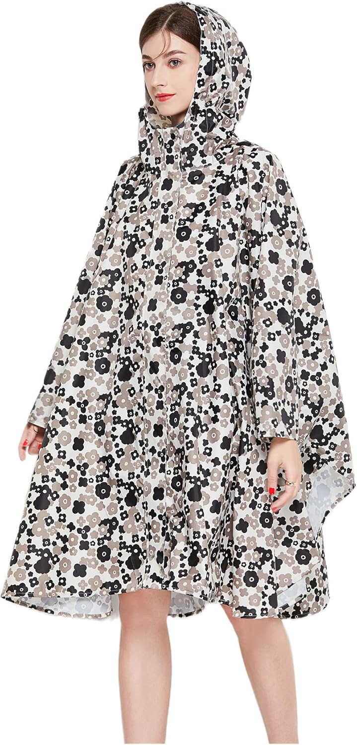 Womens Rain poncho Waterproof Raincoat Free Size with Hood Zipper Storage Pouch with Belt - Image 3