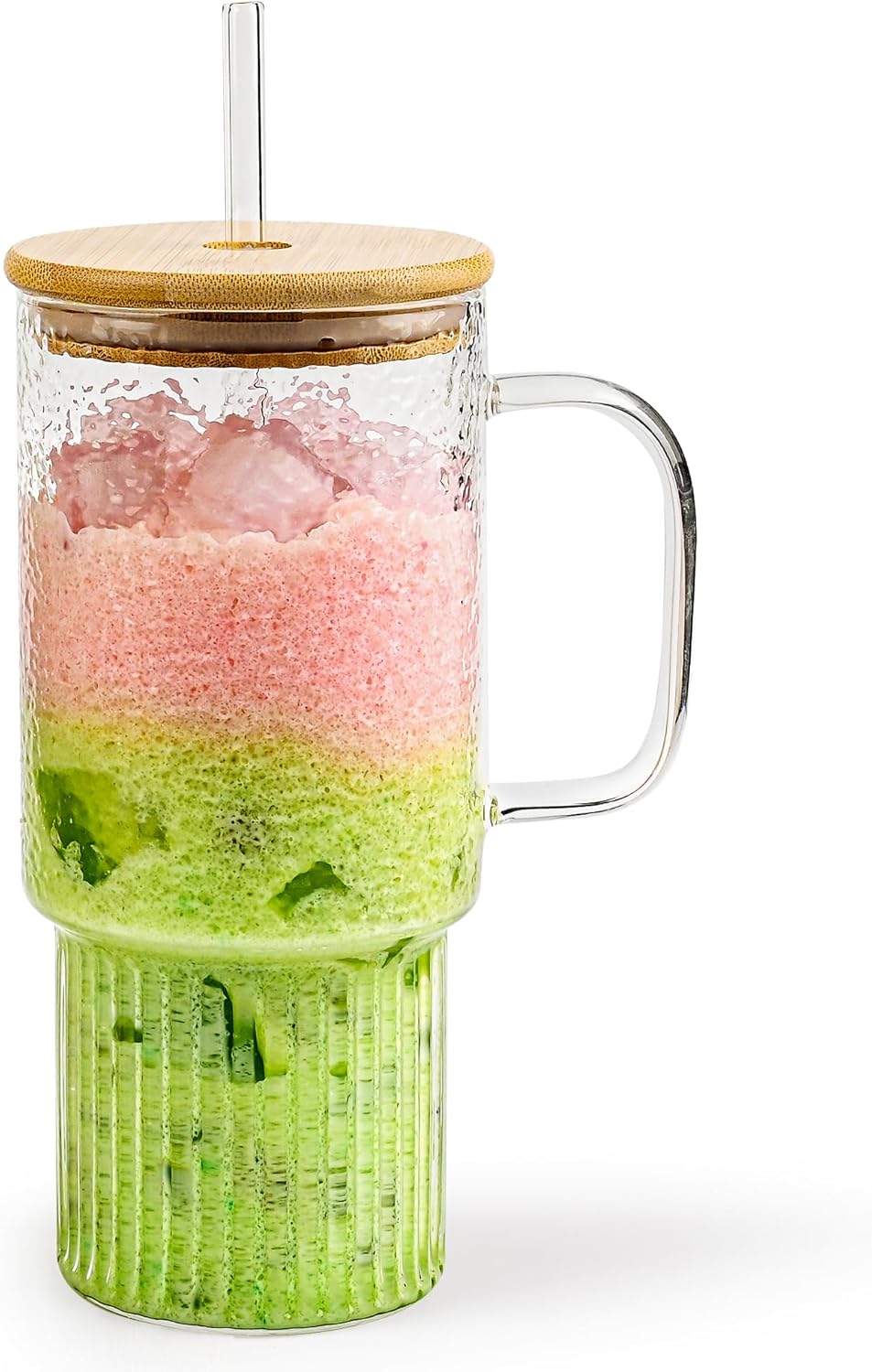 32oz Ribbed Glass Cup with Handle Lid and Straw, Borosilicate Glass Tumblers, Iced Coffee Cups Modern Glass Mug Hot/Cold Drinks for Smoothies, Tea, and Juice (clear-1 Pack-Bamboo Lid)