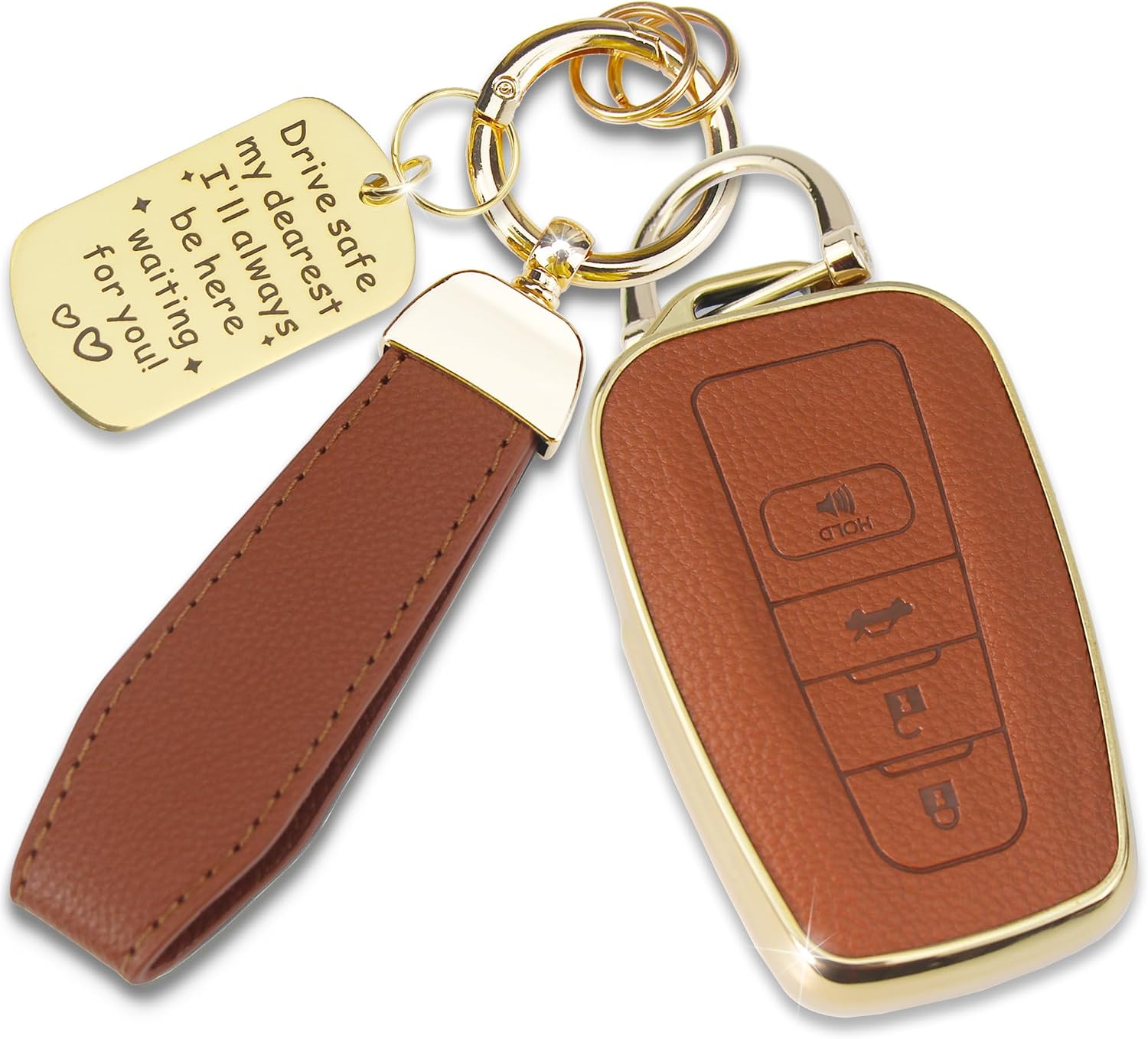 Soft TPU & Leather Key Fob Cover Compatible with Toyota 4Runner Prius Highlander RAV4 Camry Avalon C-HR GT86 Prado, with Keychain & Metal Blessing Tag (4 Button Pink)