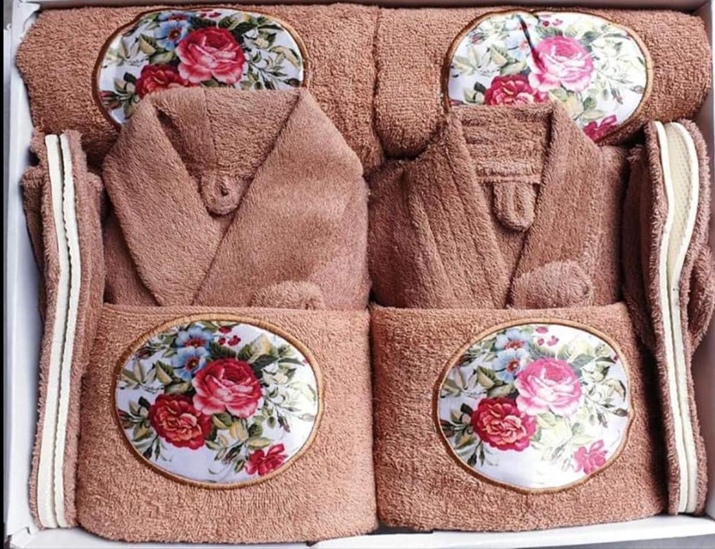 Aayat Creations 100% Pure Cotton Bathrobe 8 Piece set for Couples -1 Gents Bathrobe(48 in), 1 Ladies Bathrobe(42 in), 1 Gents Bath Towel, 1 Ladies Bath Towel, 2 Hand Towel & 2 Pair Slippers (Brown)