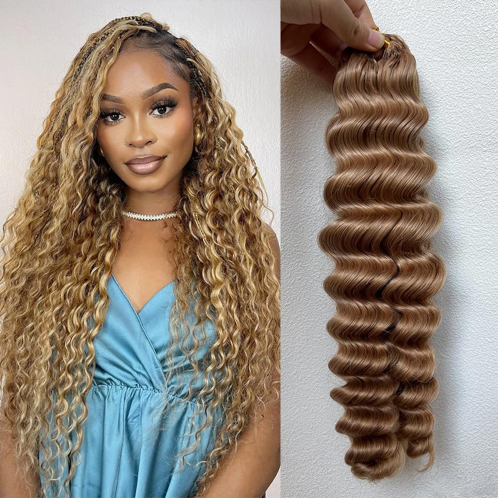 Deep Wave Crochet Human Hair Extensions Brazilian Virgin Feather Human Hair Bundles Pre Separated Braiding Hair Pre Looped for Boho Braids For Black Women Walnut Hair #27 Hair Color 14inch 120g