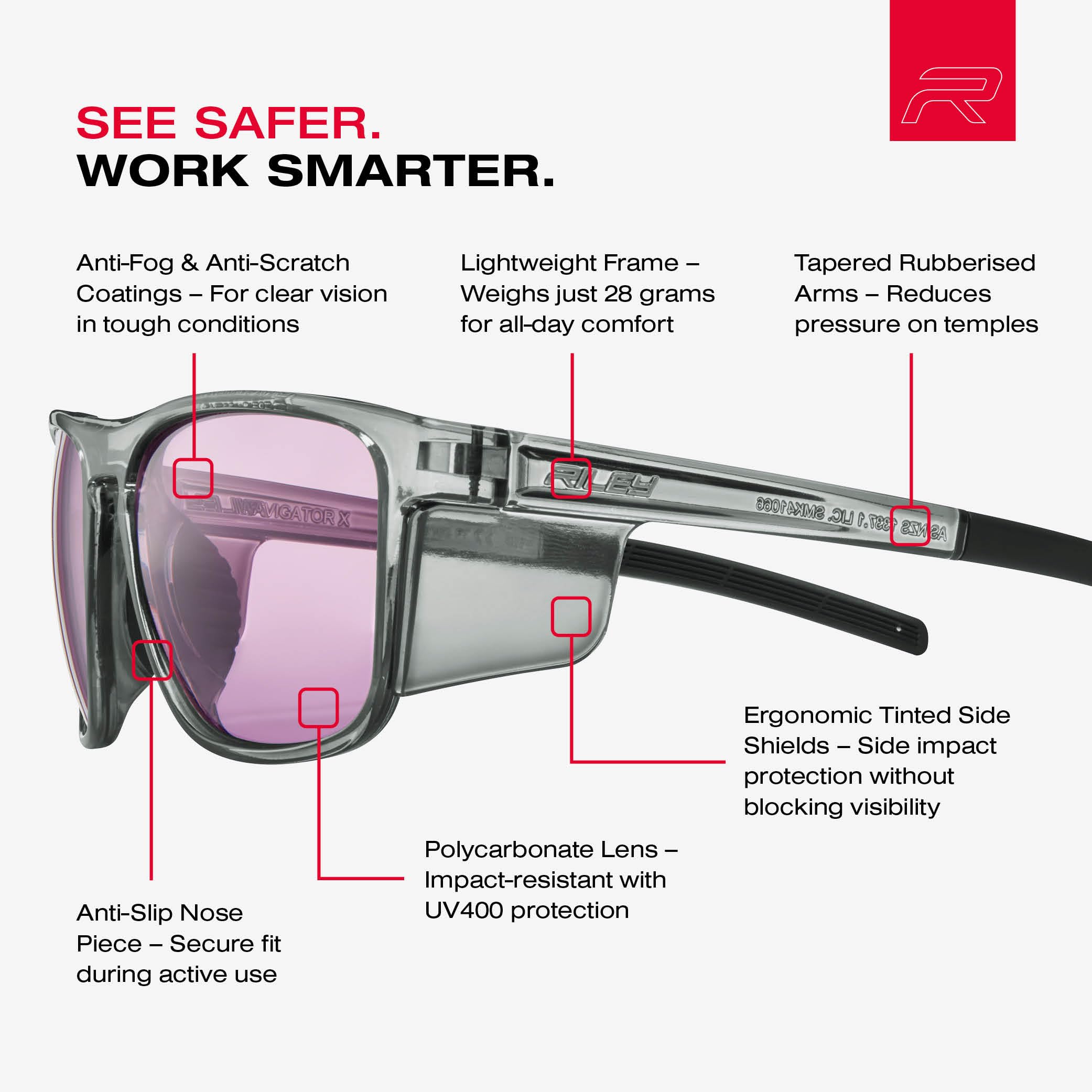 Riley Navigator X Premium Safety Glasses for Work, Anti-Fog, Scratch-Resistant Protective Work, Sports & Cycling Glasses - Image 2
