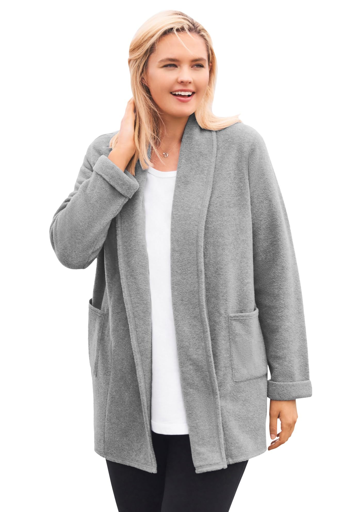 Woman Within Plus Size Microfleece Cardigan Shawl Collar Oversized Long Open Jacket