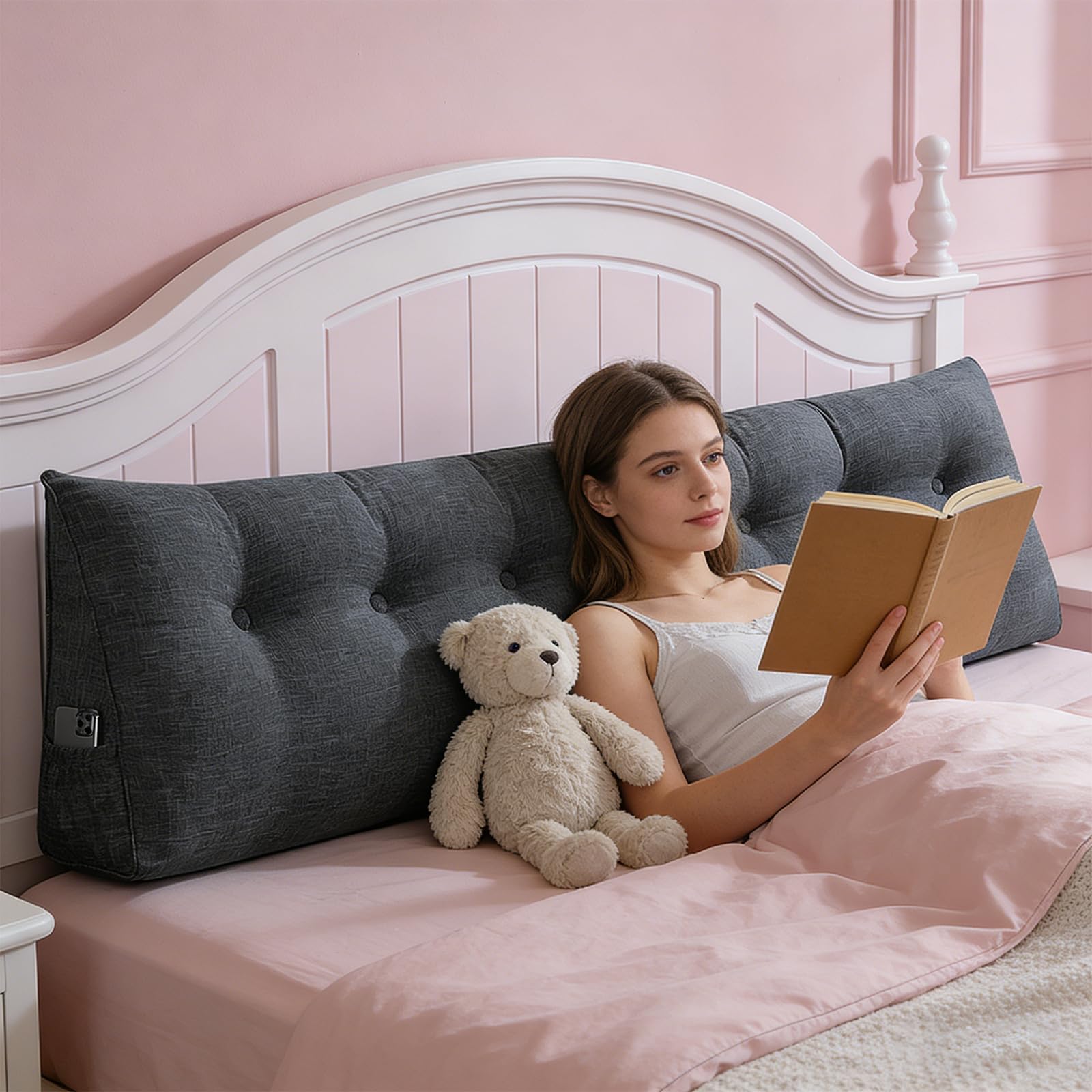 Rückenkissen 200 cm Breit - Lesekissen für Bett und Sofa Keilkissen Rückenpolster Kissen mit Waschbarem Bezug und Praktischem Seitenfach (Dunkelgrau 200 cm)