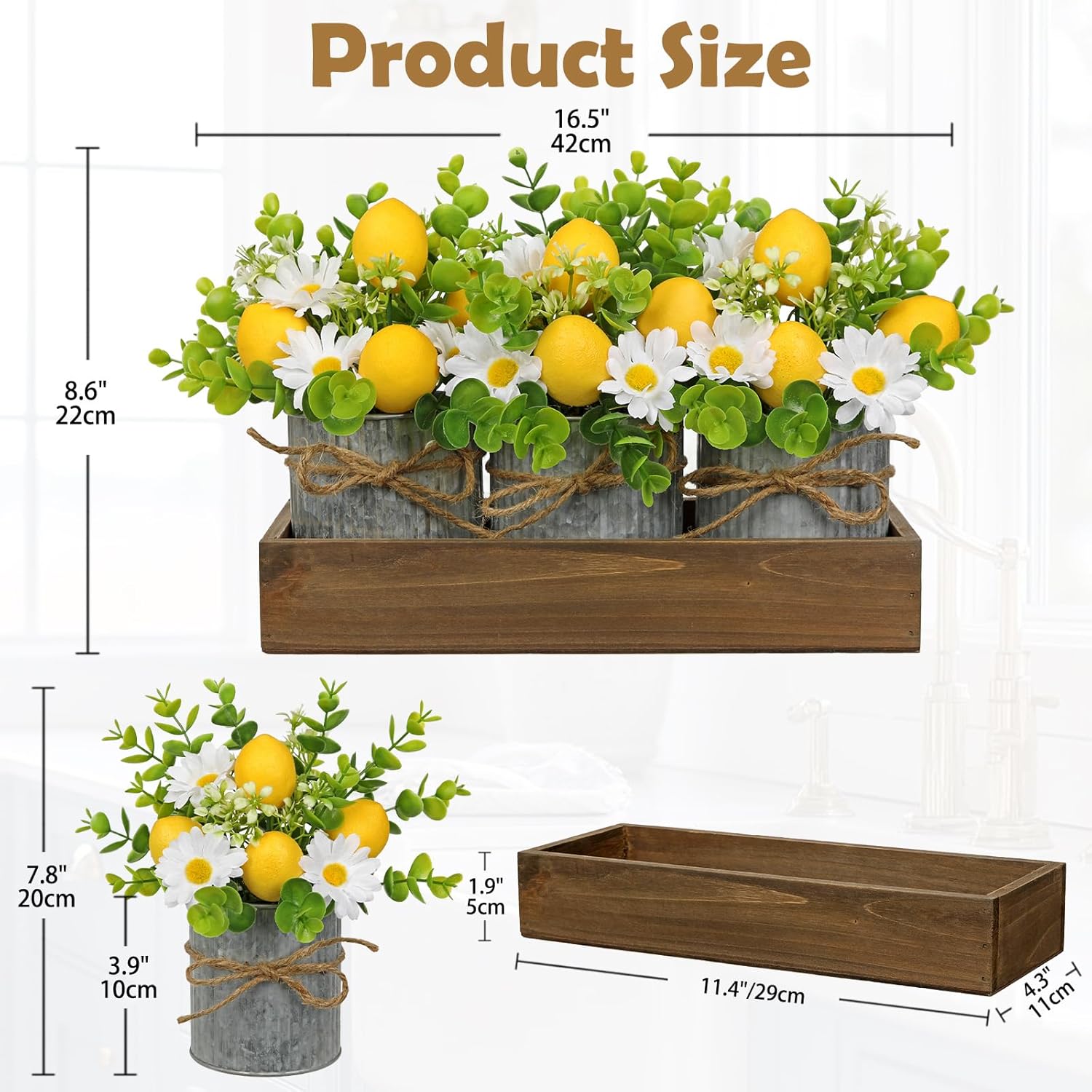 Set of 3 Small Fake Plants in Galvanized Pots Table Centerpiece Lemon Floral Arrangement Mini Artificial Potted Lemon Plants with Wooden Tray Farmhouse Greenery Centerpieces for Kitchen Dining Table Yellow Lemon & White Dasies