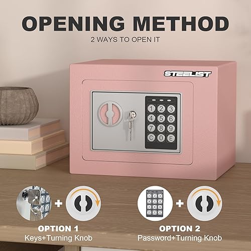 Miniatura 4 de Caja fuerte para efectivo, 0.23 pies cúbicos, caja fuerte rosa para dinero, pequeña caja de seguridad ignífuga para oficina en casa, bonita caja de