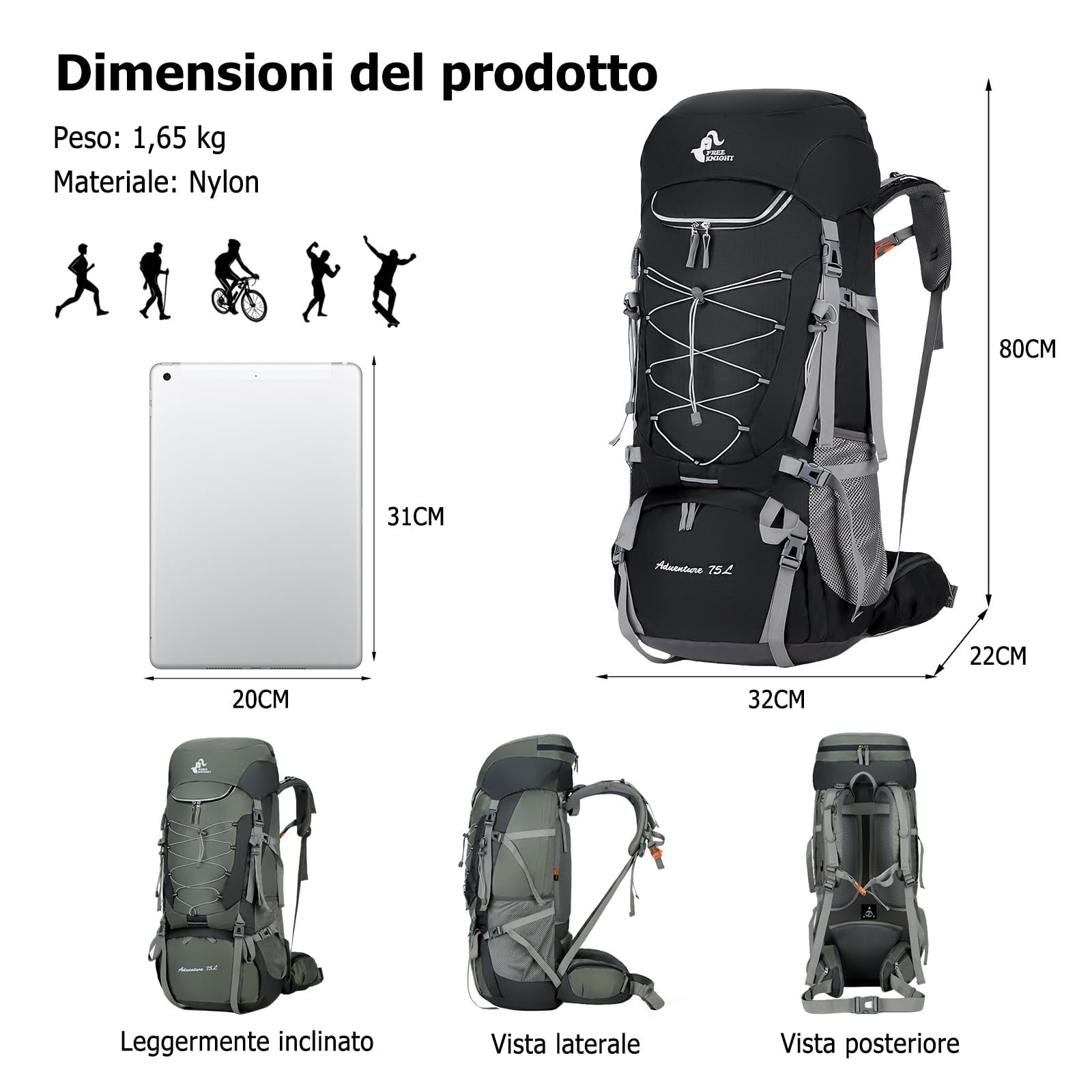75L Zaino da Trekking Zaino Grande Zaini Resistente con Copertura per la Pioggia Donna Uomo Backpack per Escursionismo Campeggio Arrampicata Viaggio Nero