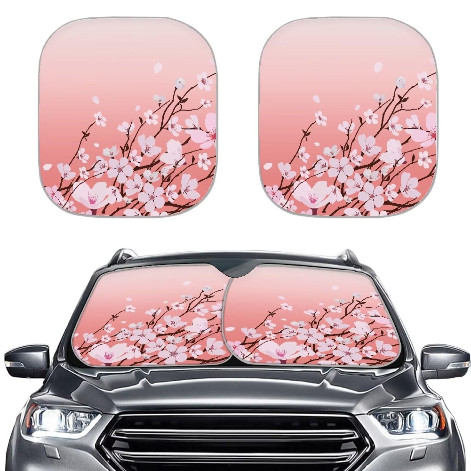 Dreaweet Cherry Blossoms Car Sun Shade Windshield Cute Girly Sunshade for Car Windows Front,2 Piece Windshield Sun Shade Cute Sun Shield Sun Visor for