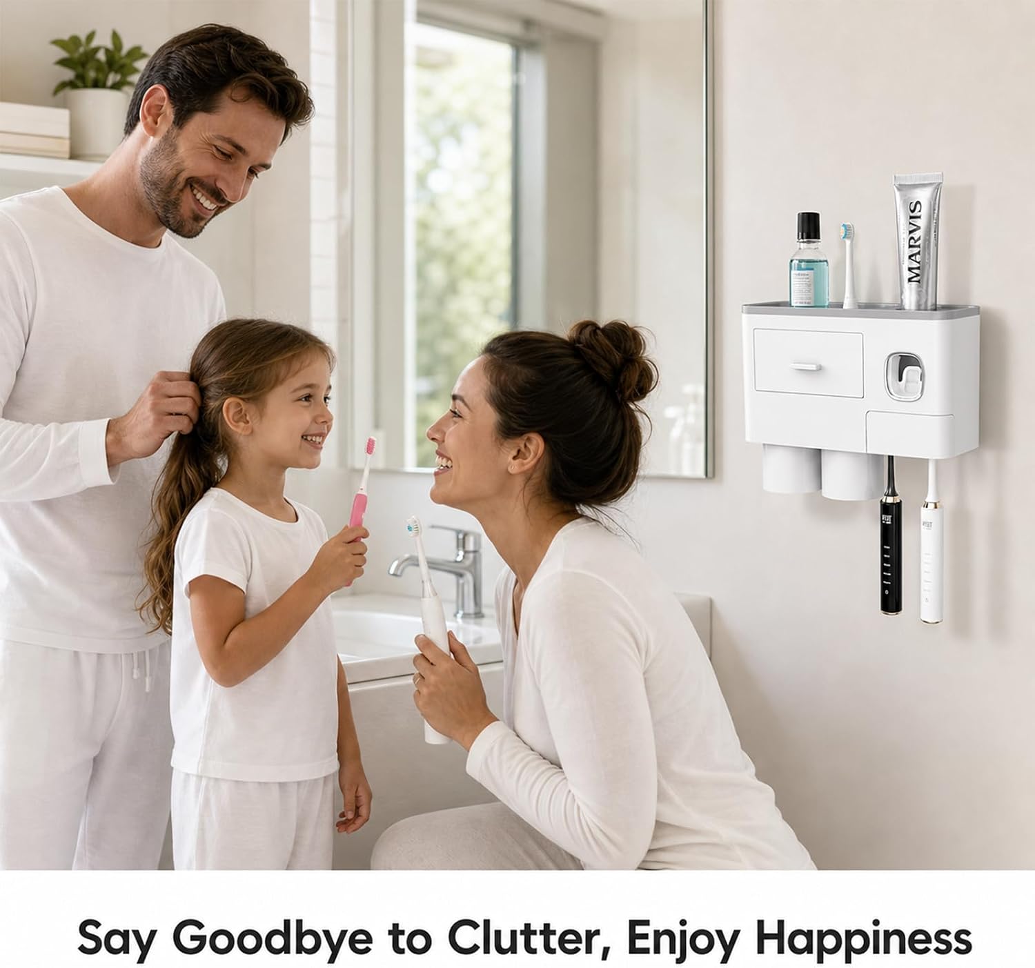 Toothbrush Holders Bathroom Accessories with Toothpaste Dispenser, 2 Cups Toothbrush Holder Wall Mounted Bathroom Decor (Grey and White