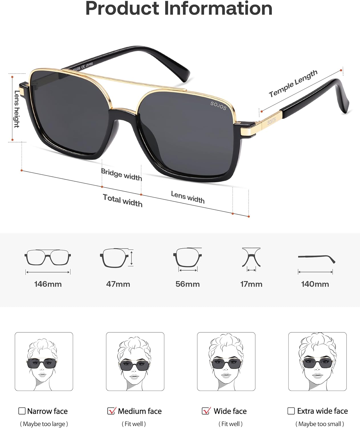 SOJOS Trendy Aviator Sunglasses for Women Men Polarized Retro Square Y2K Oversized Sun Glasses SJ2659 - Image 6
