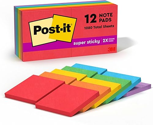 Post-it Notas súper adhesivas, 3 x 3 pulgadas, 12 blocs, 2 veces The Sticking Power, colección de primarias juguetonas, colores primarios (rojo,