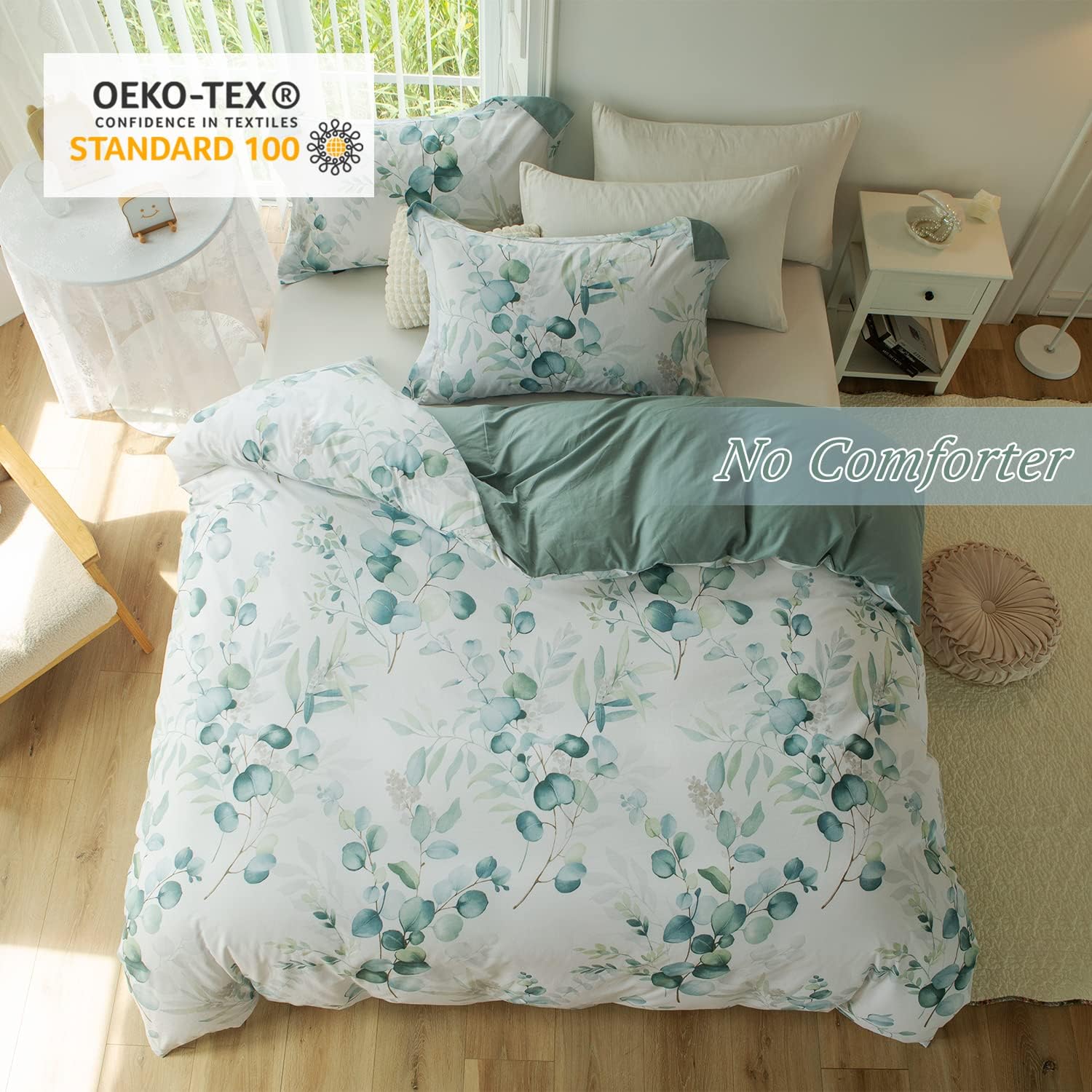 MILDLY Duvet Cover Leaf Pattern- 100% Washed Cotton Eucalyptus Printed Sage Green Comforter Cover Linen Feel Bedding Set with Zipper Closure 4 Ties Queen Size - Image 6