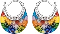 Crysdue Murano Style Glass Hoop Earrings - Colorful Daisy Boho Multicolor Millefiori Flower Jewelry for Women, Summer Beach
