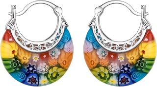 Crysdue Murano Style Glass Hoop Earrings - Colorful Daisy Boho Multicolor Millefiori Flower Jewelry for Women, Summer Beach