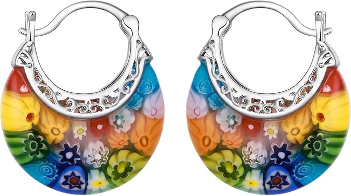Crysdue Murano Style Glass Colorful Hoop Earrings, Trendy Daisy Artistic Boho Multicolor Earring Millefiori Flower Jewelry for Women Summer Beach