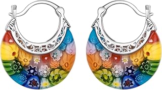 Murano Style Glass Colorful Hoop Earrings, Trendy Daisy Artistic Boho Multicolor Earring Millefiori Flower Jewelry for Women Summer Beach