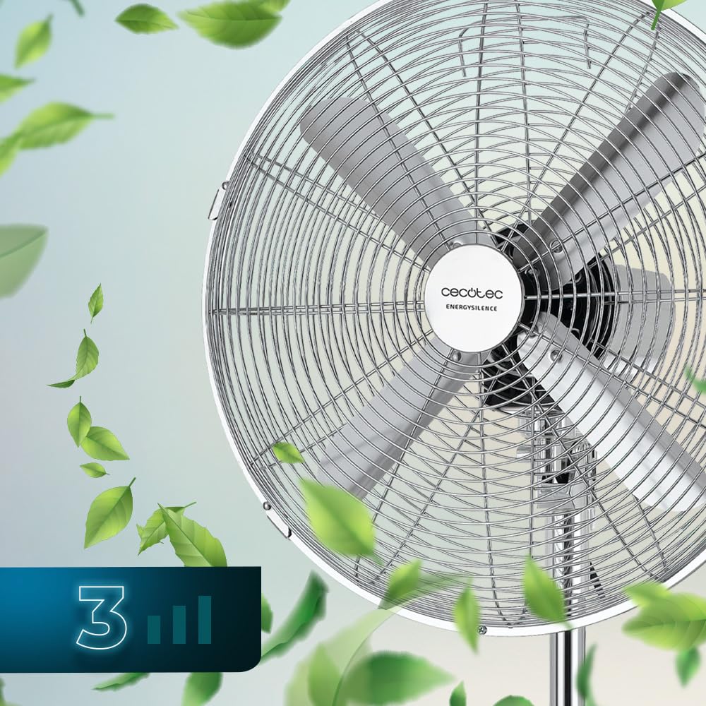 Cecotec Ventilateur sur pied EnergySilence 620 Retrostyle. 50 W, finition chromée, 16" de diamètre avec 4 pales, 3 vitesses, oscillation, hauteur réglable, sécurité maximale