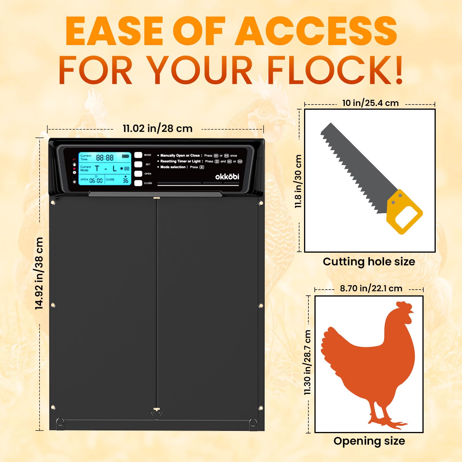 Extra Large Automatic Chicken Coop Door Solar Powered with Remote – LCD Display, Light Sensor, Timer & Anti-Pinch Function – 28.7 cm x 22.1 cm Door Opening – 5-Year Protection – Black – by Okköbi — view 9