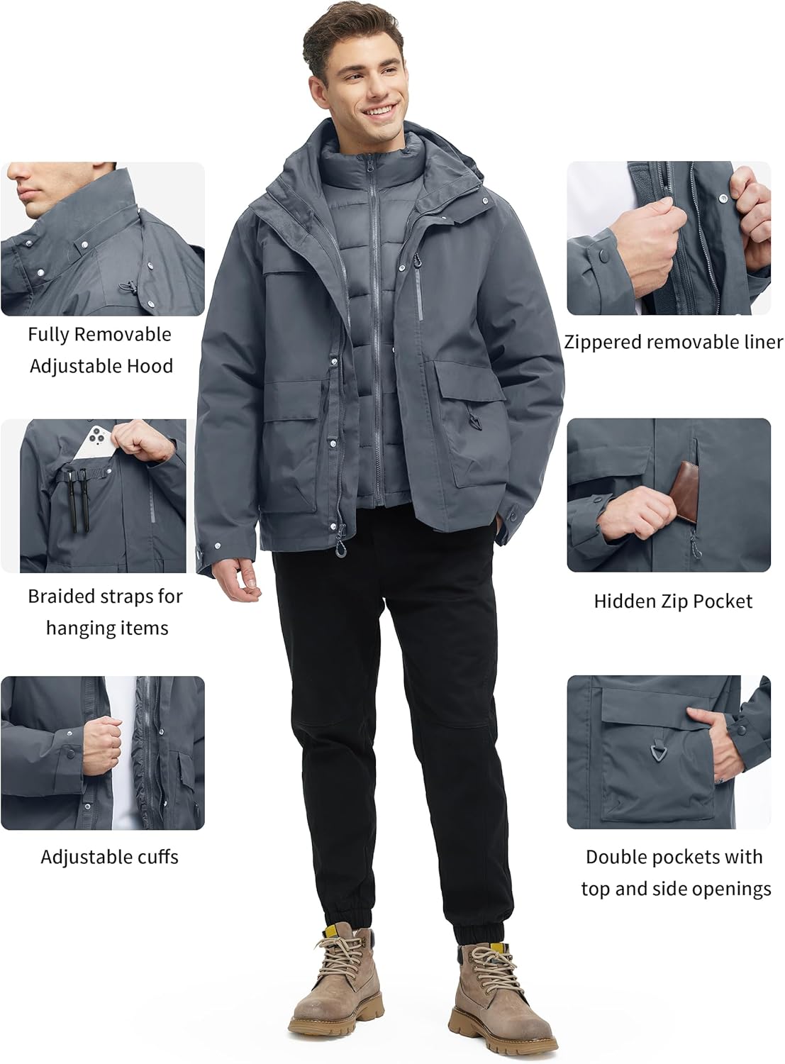 YGREYG Men's 3 in 1 Waterproof Winter Jackets Ski Warm Snow Rain Coat Puffer Liner Hood Windbreaker - Image 6