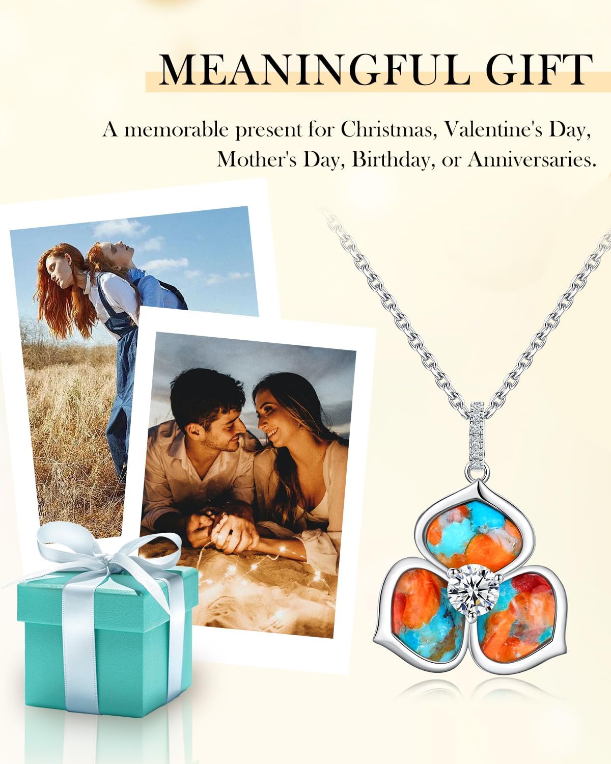 AIBAO Turquoise/Lapis Lazuli/Malachite/Pearl Necklaces for Women Sterling Silver Six Clover/Flower Gemstone Pendant Necklace Anniversary Christmas Valentines Gift with Box