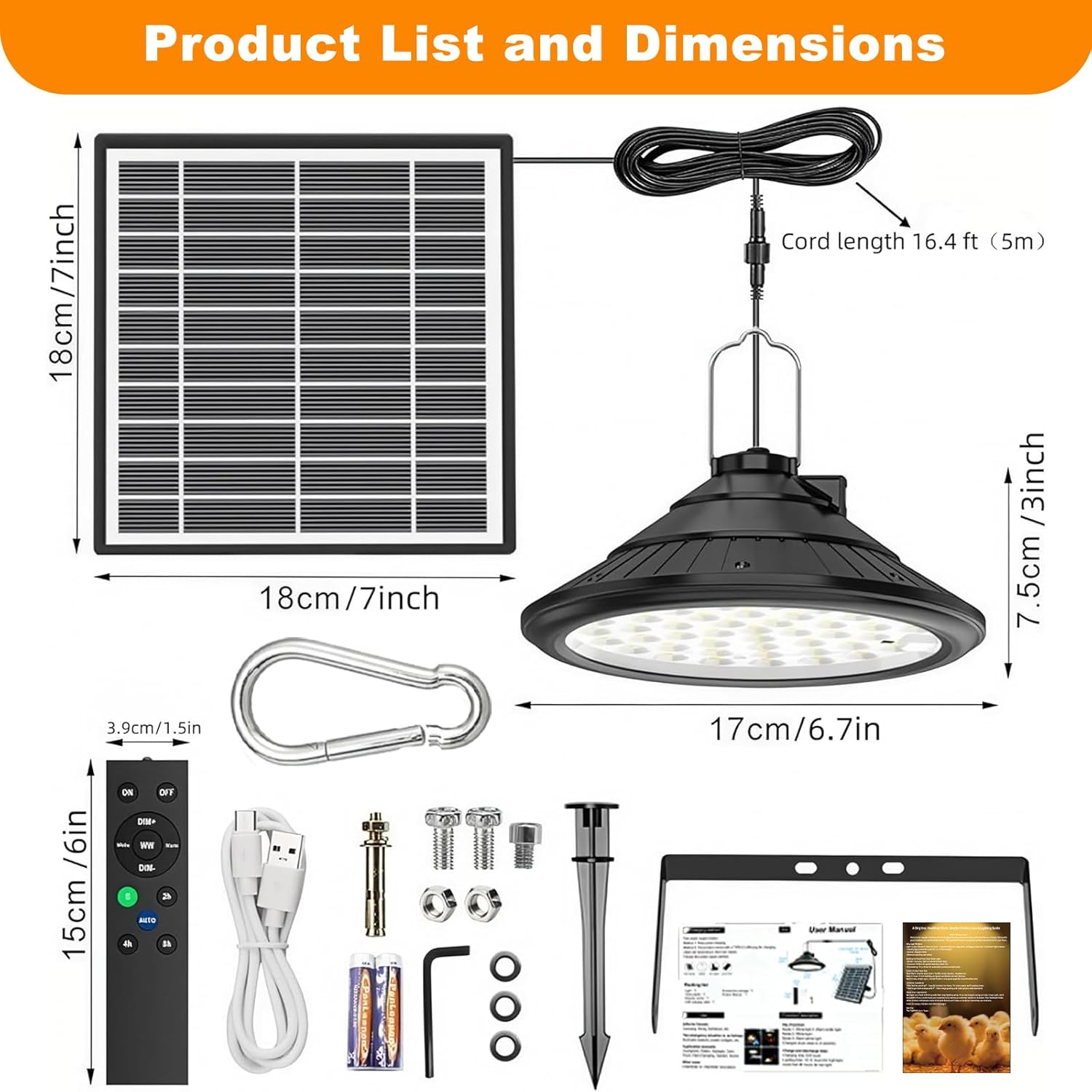 Solar Chicken Coop Light with Timer | 3-Color Dimmable LED, IP66 Waterproof & 16.4ft Cord | Hanging Ceiling Pendant Light for Poultry Farms, Coops(with Solar Panels, Carabiner)
