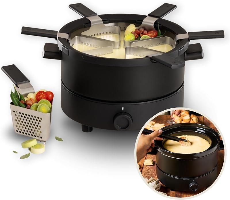 Evolution Juego de fondue 3 en 1 para 6 personas, olla eléctrica para fondue con recipiente de doble caldera, caldero de acero inoxidable de 3 litros, 6 cestas perforadas y pinzas, control de temperatura ajustable