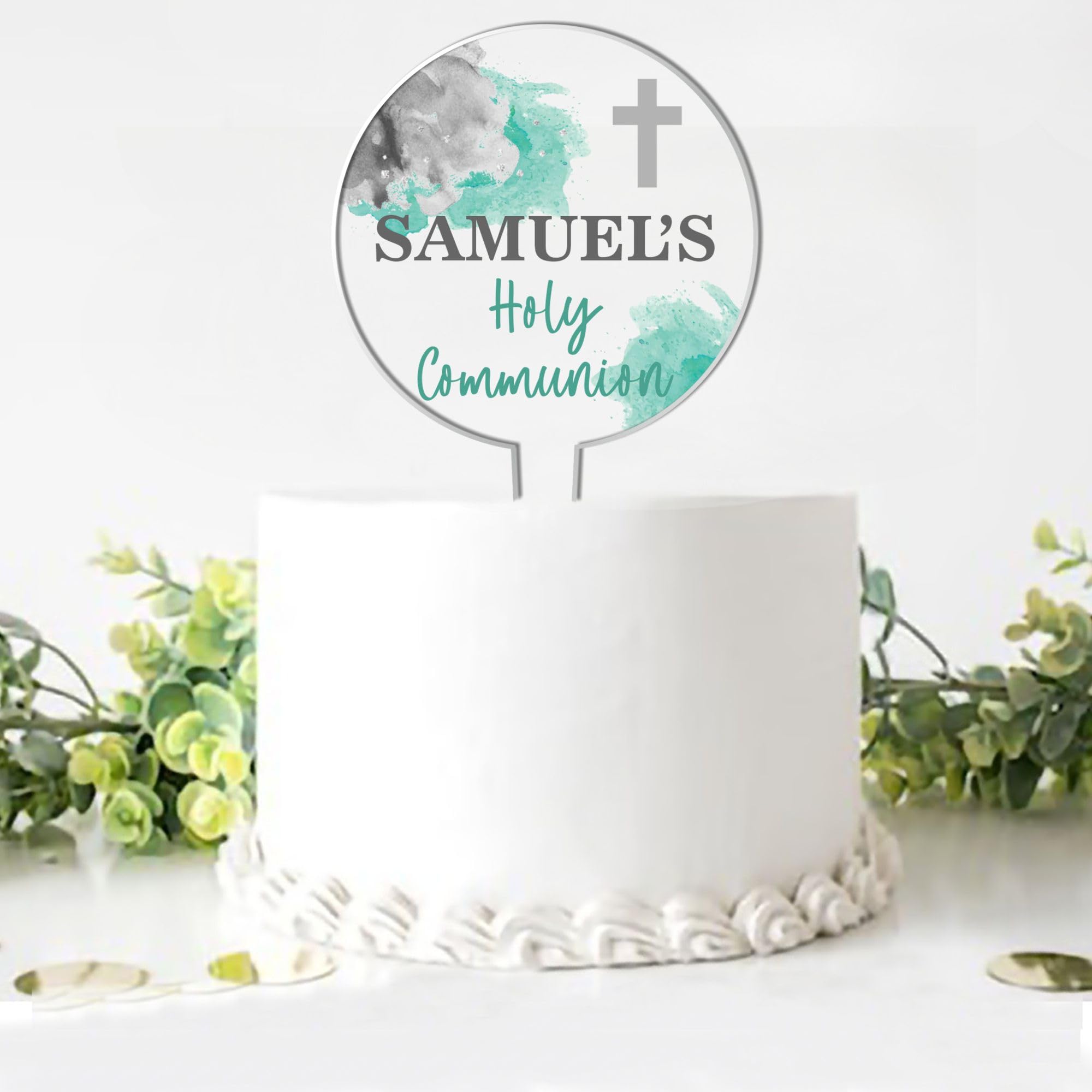 Personalised Religious Cake Topper – Custom Name & Occasion – Christening, Communion or Confirmation – Acrylic Watercolour Design with Cross Cake Decoration (Communion, Grey & Mint)