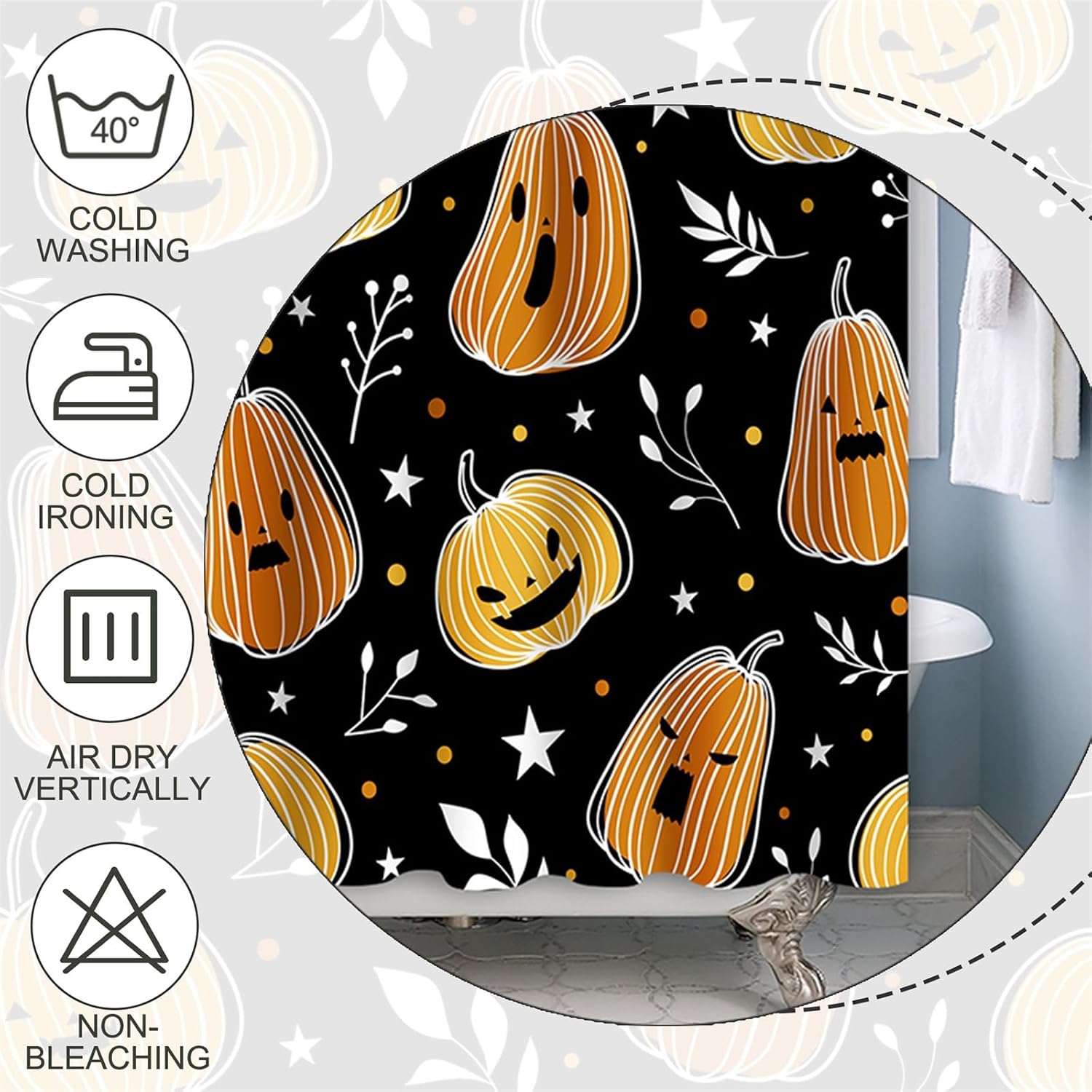 Halloween Funny Pumpkin Shower Curtain Set Star Leaves 48x72 IN with Hooks image 4