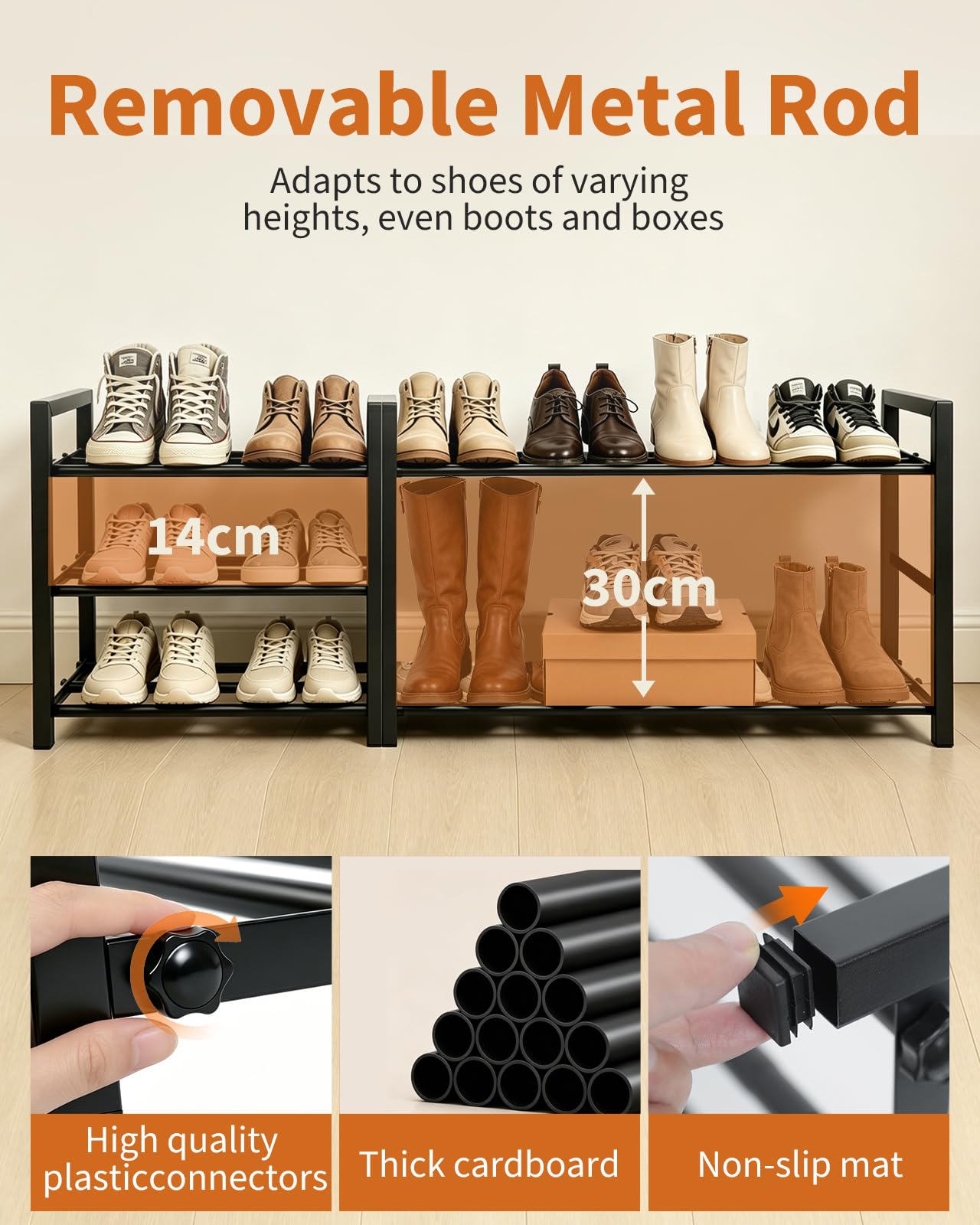 Scarpiera a 3 Ripiani, Scarpiera Salvaspazio Espandibile Portascarpe Aperta in Metallo per 6-12 Paia di Scarpe per Ingresso, Soggiorno, Corridoio, Camera da Letto, Armadio, Esterno (Nero,Piazza)
