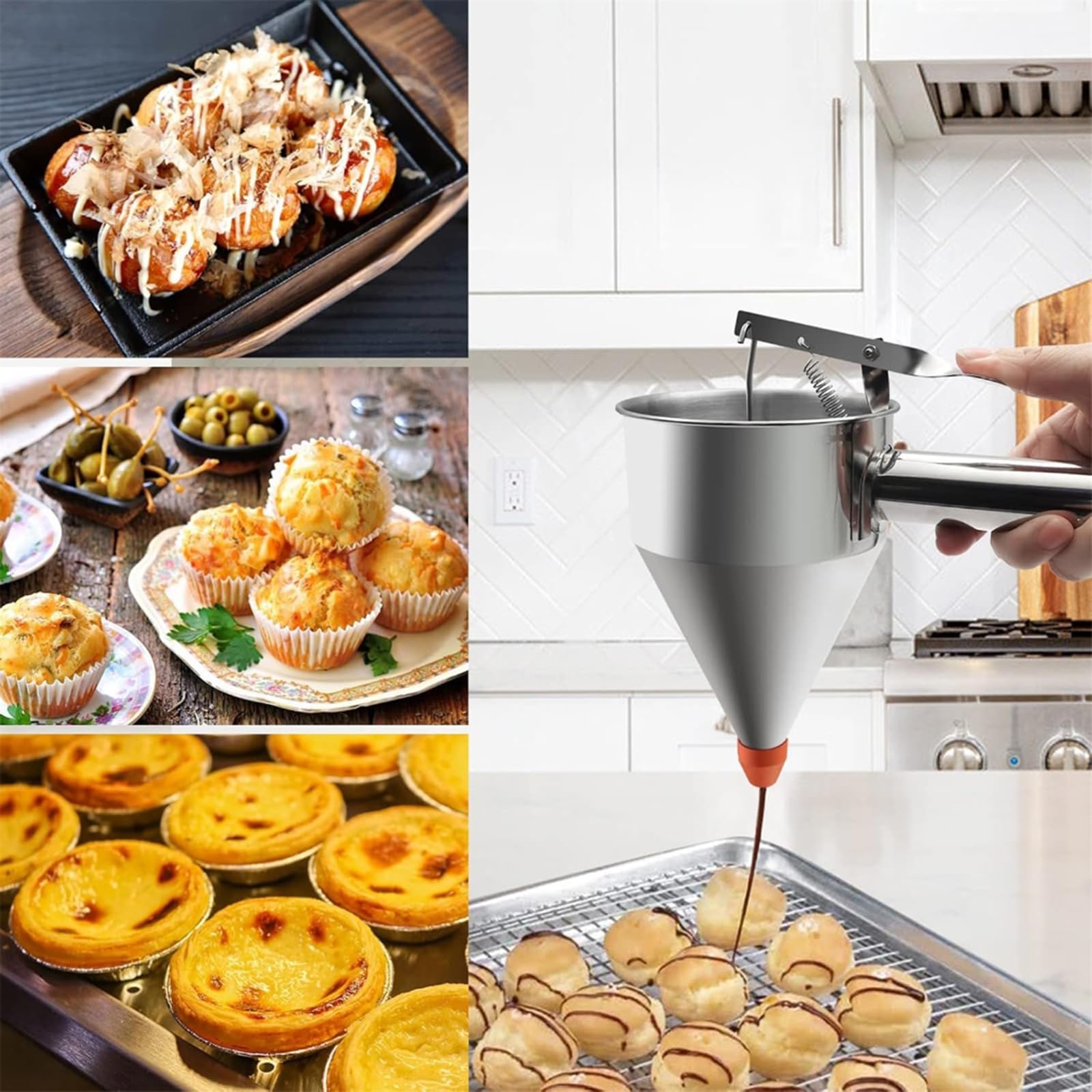 Edelstahl Teigspender, Backzubehör, Pastenspender, Backteig Trichter, geeignet für Waffeln und Kuchen, Speckpresse
