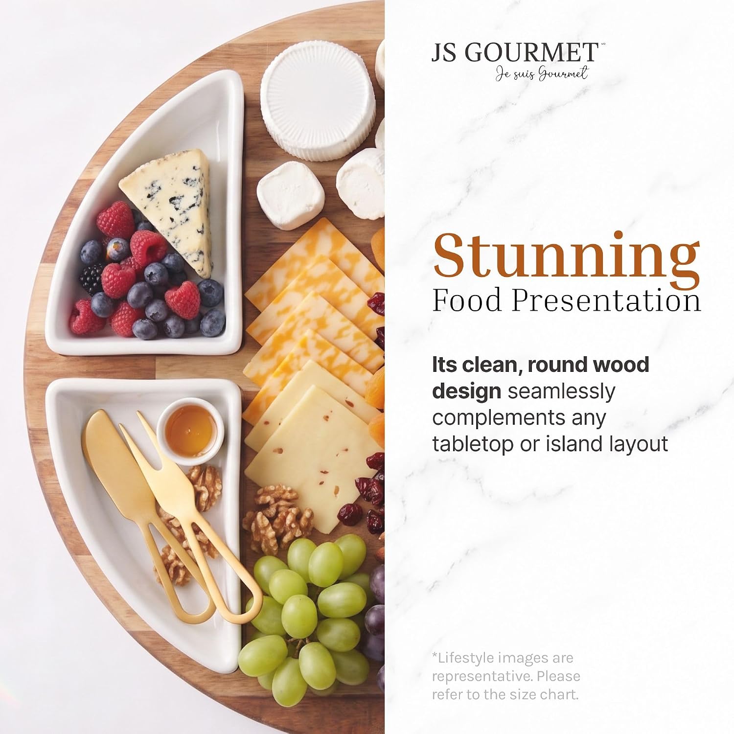 JS Gourmet Acacia Wood Round Charcuterie Board with 4 Ceramic Bowls 13 Inch