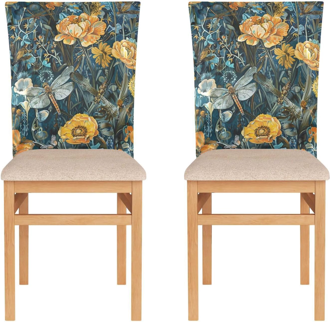 ALAZA Dragonfly Yellow Flowers Chair Back Cover Set of 6, Washable Reusable Removable Chair Slipcovers Decorative Chair Cover for Home Kitchen Wedding Party