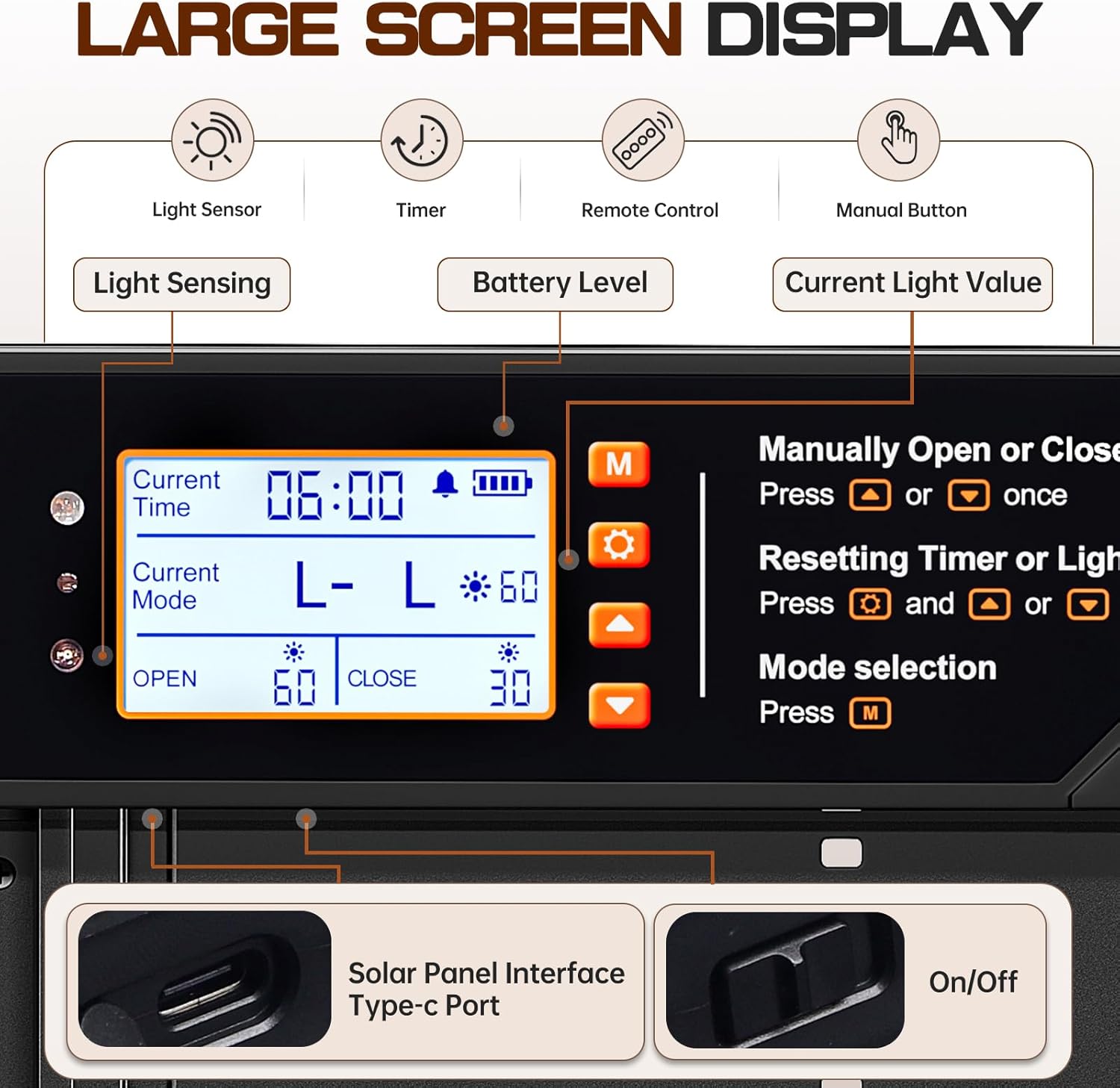 Automatic Chicken Coop Door Solar Powered, Extra Large Auto Chicken Door Mix 4 Modes with Timer & Light Sensor, USB-c Charging, Anti pinch & Alert, Remote, LED Screen, Aluminum Weather Proof Coop Door