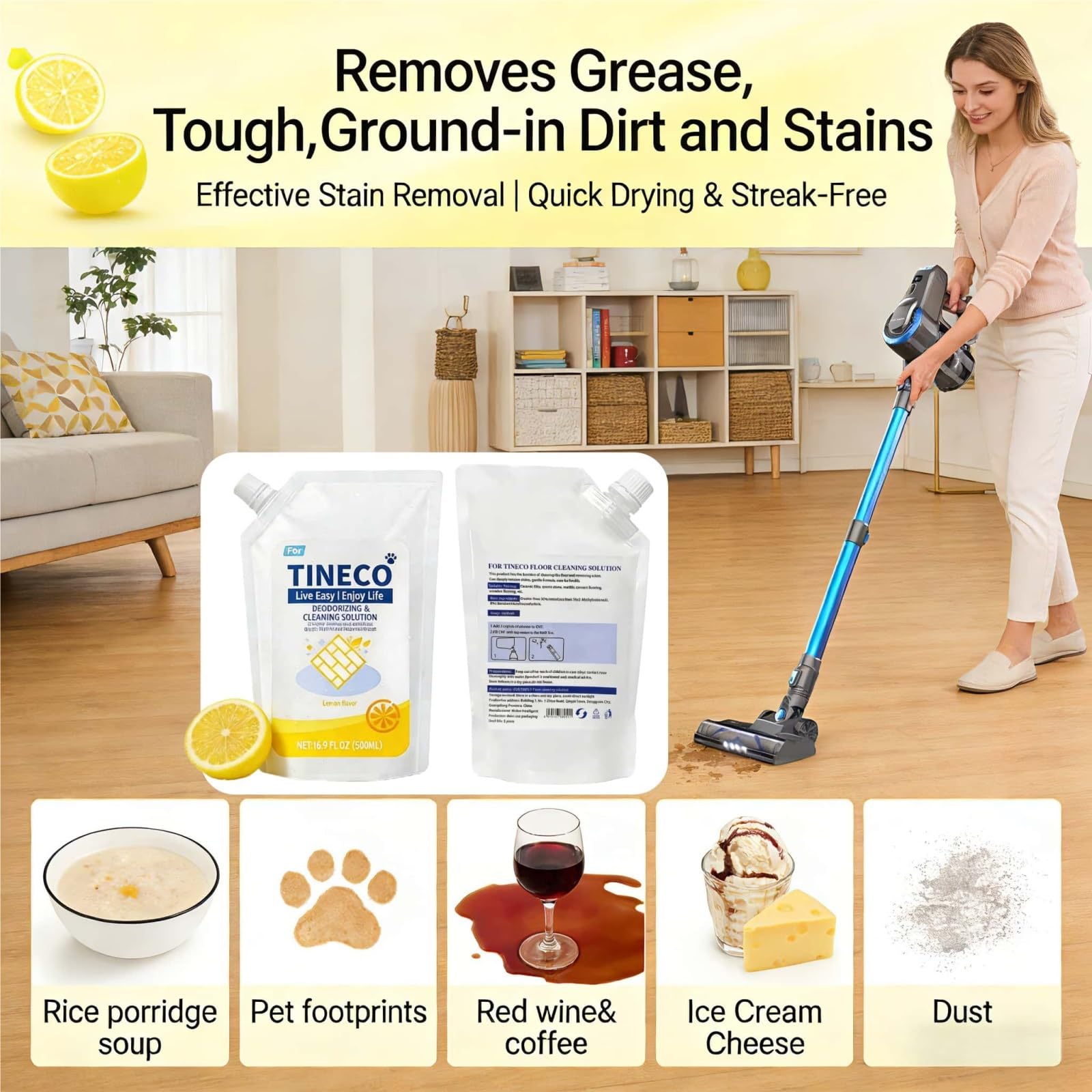 Líquido Limpiador de Suelos, 6 Paquete, 500ml Aroma Limón, Limpieza Profunda Eliminación de Olores, Compatible con Tineco FLOOR ONE S3/S5/S6/S7/S9 Aspiradora en Seco y Húmedo