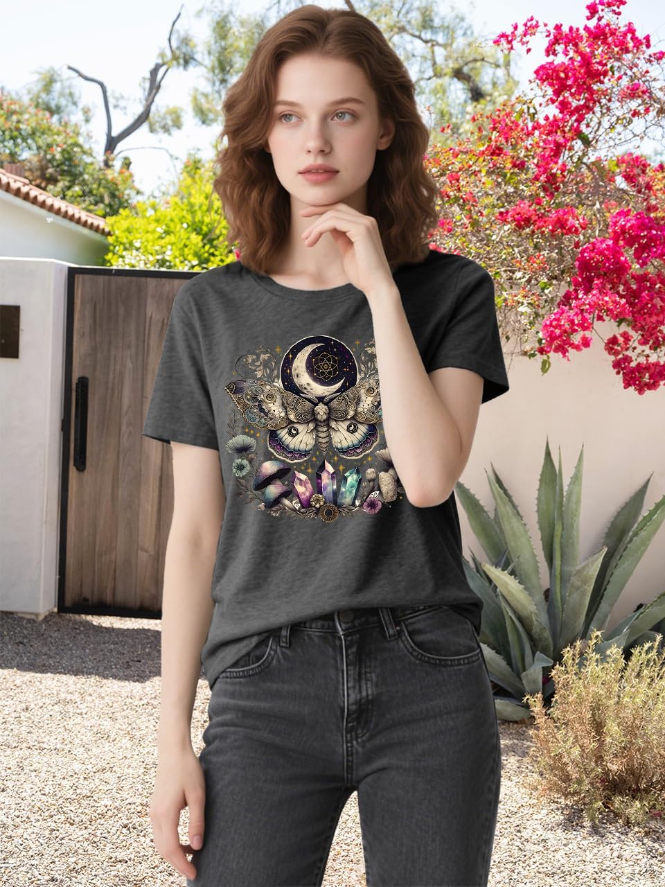 Women Vintage Moth T Shirts Mystical Moon Cottagecore Shirts Funny Witchy Graphic Tees Short Sleeve Tops - Image 4