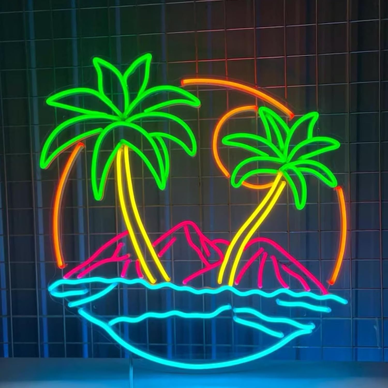Palm Tree Neon Sign Led 18inches Round Palm Tree Lights Up Neon Signs Wall Decor for Home, Bedroom, Bar Club, Party Decoration