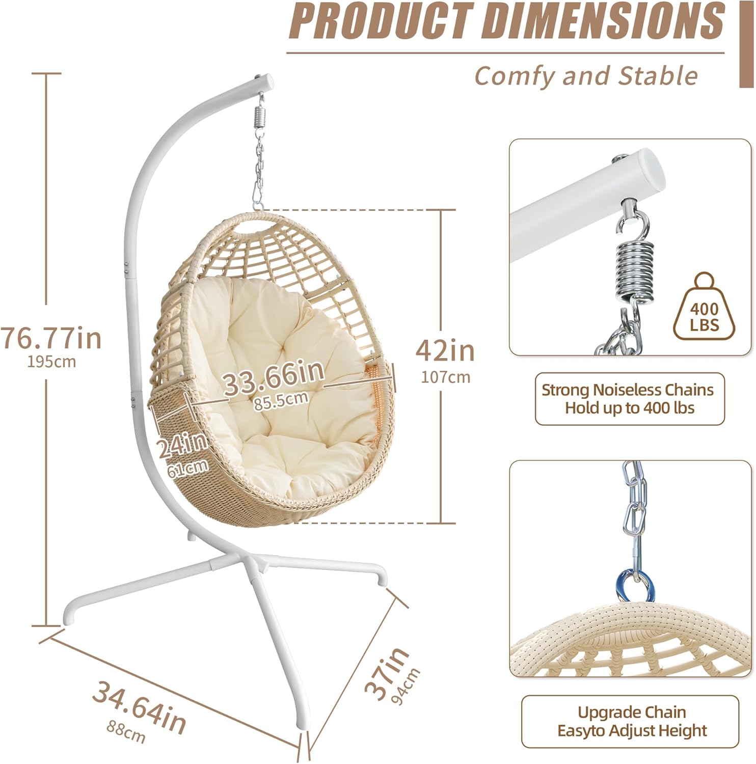 TWT Egg Swing Chair with Stand Beige Outdoor - Rattan Wicker Patio Hanging Basket Hammock Chair with Metal Frame and UV Resistant Cushion for Indoor Bedroom Balcony (Claws Base)