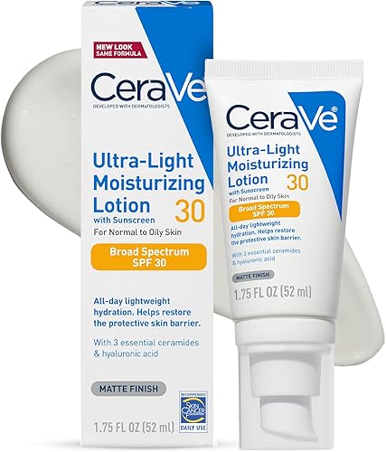 CeraVe Ultra-Light Moisturizing Lotion With SPF 30, Daily Face Moisturizer with SPF, Formulated with Hyaluronic Acid & Ceramides, Broad Spectrum SPF, Oil Free, Matte Finish, 1.7 Ounce