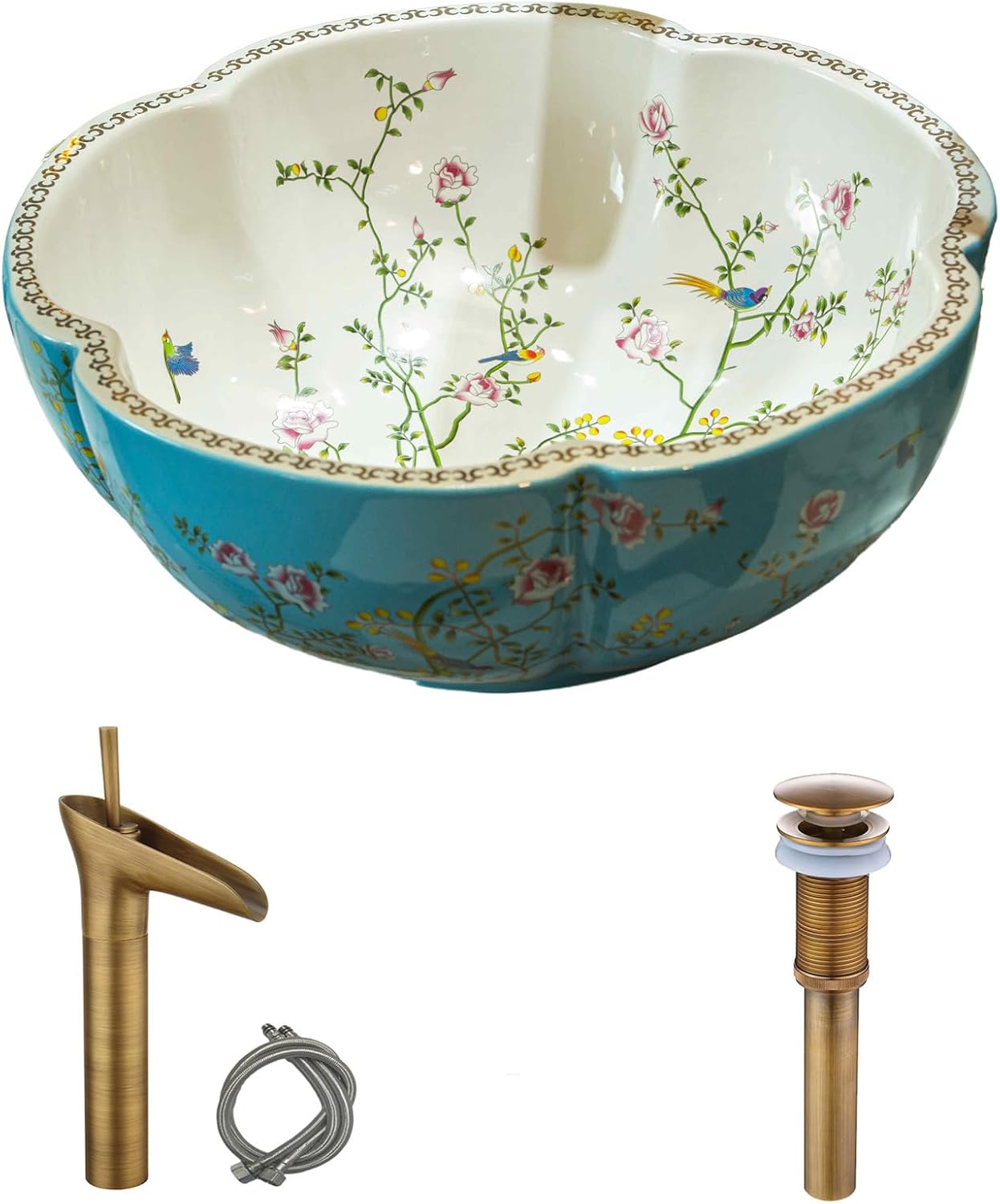 Blue Flower Ceramic Bathroom Vessel Sink with Brass Waterfall Faucet and Pop Up Drain Combo for Vanity Top