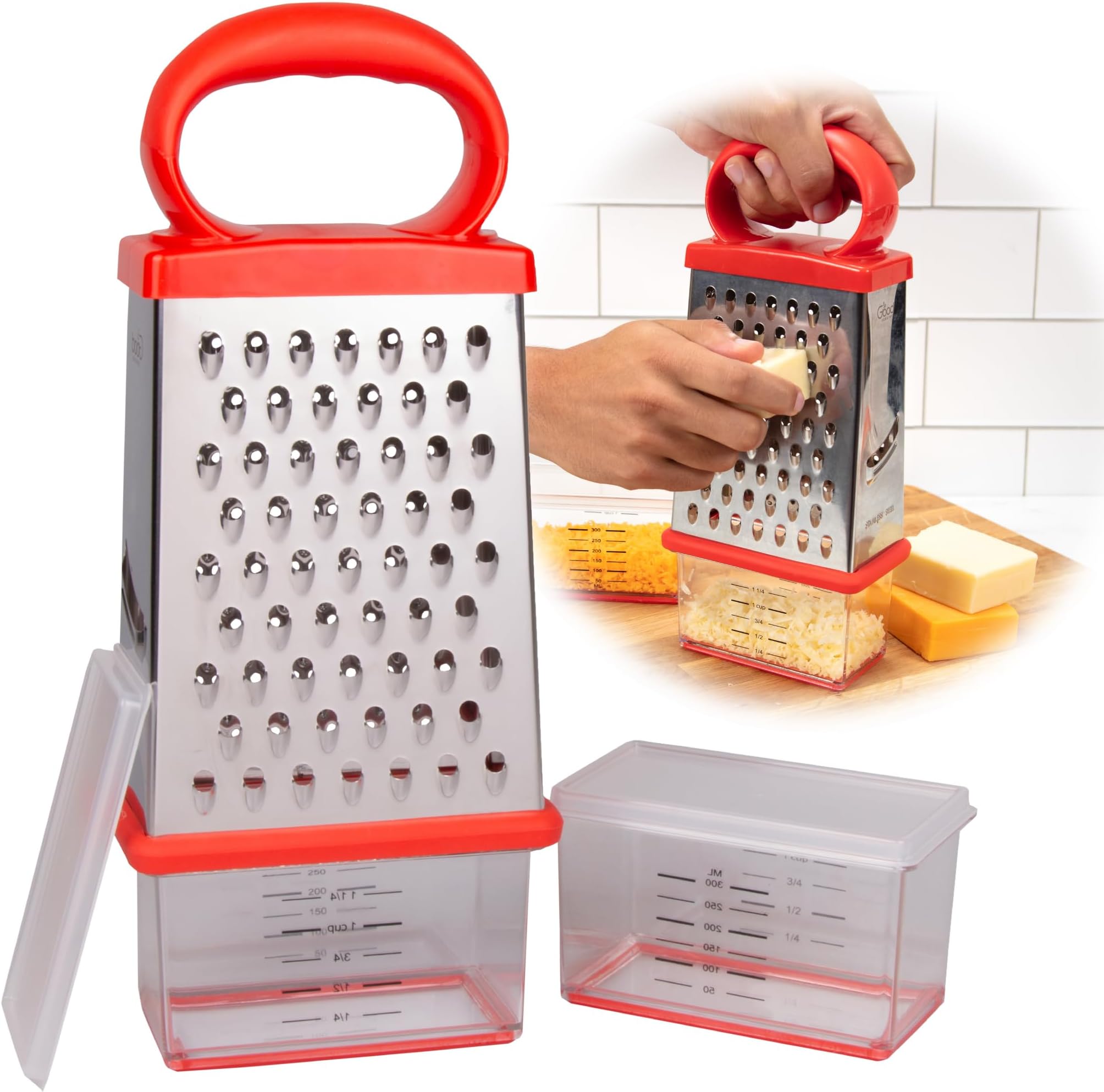 4-Sided Stainless Steel Handheld Box Cheese Grater- 2 Attachable Storage Containers w Built-In Measurements & Lids- Mess-Free Shredder & Slicing- Non-Slip Base w Soft Grip Handle- Kitchen Essential