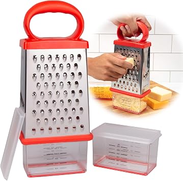 4-Sided Stainless Steel Cheese Box Grater with 2 Attachable Containers w Lids- Unique Mess Free Shredding Directly to Bottom Storage Base - Slip Resistant, Hard or Soft Cheese Slicing- Dishwasher Safe