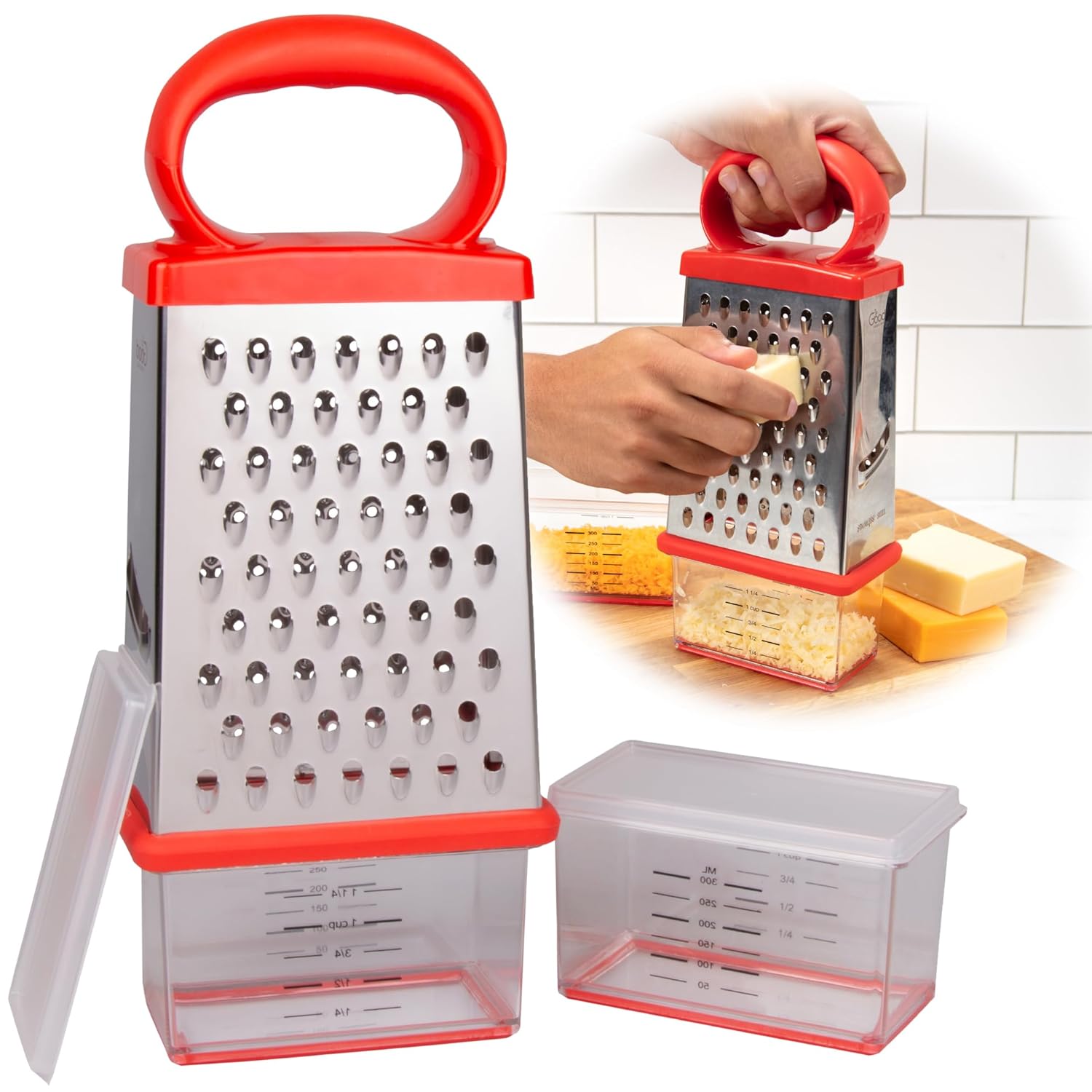 4-Sided Stainless Steel Cheese Box Grater with 2 Attachable Containers w Lids- Unique Mess Free Shredding Directly to