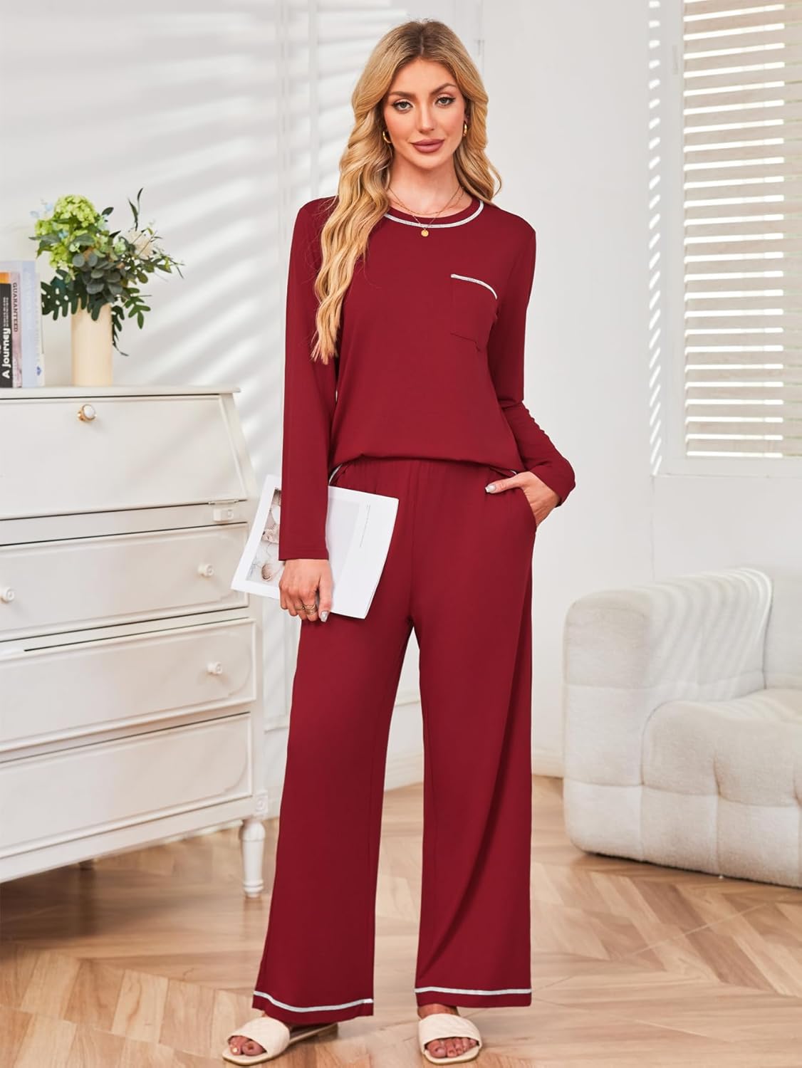 Besshopie Womens Pajamas Sets 2 Piece PJS Crewneck Long Sleeve Sleepwear Comfy Pants Lounge Set with Pockets - Image 2