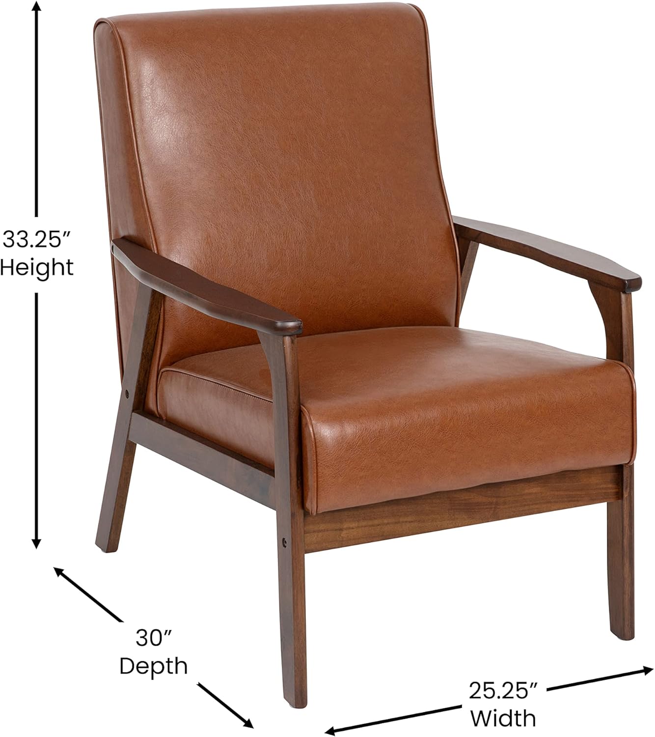 Taylor & Logan Lindley Mid-Century Modern Arm Chair with Walnut Finished Wood Frame and Faux Leather Upholstered Seat and Back Cushions in Cognac
