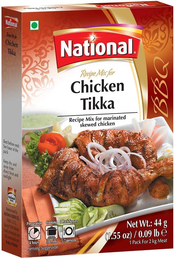 National Foods Chicken Tikka Recipe Mix 1.55 oz (44g) | South Asian BBQ Masala Powder | Traditional Spicy Kebab Seasoning | Box Pack