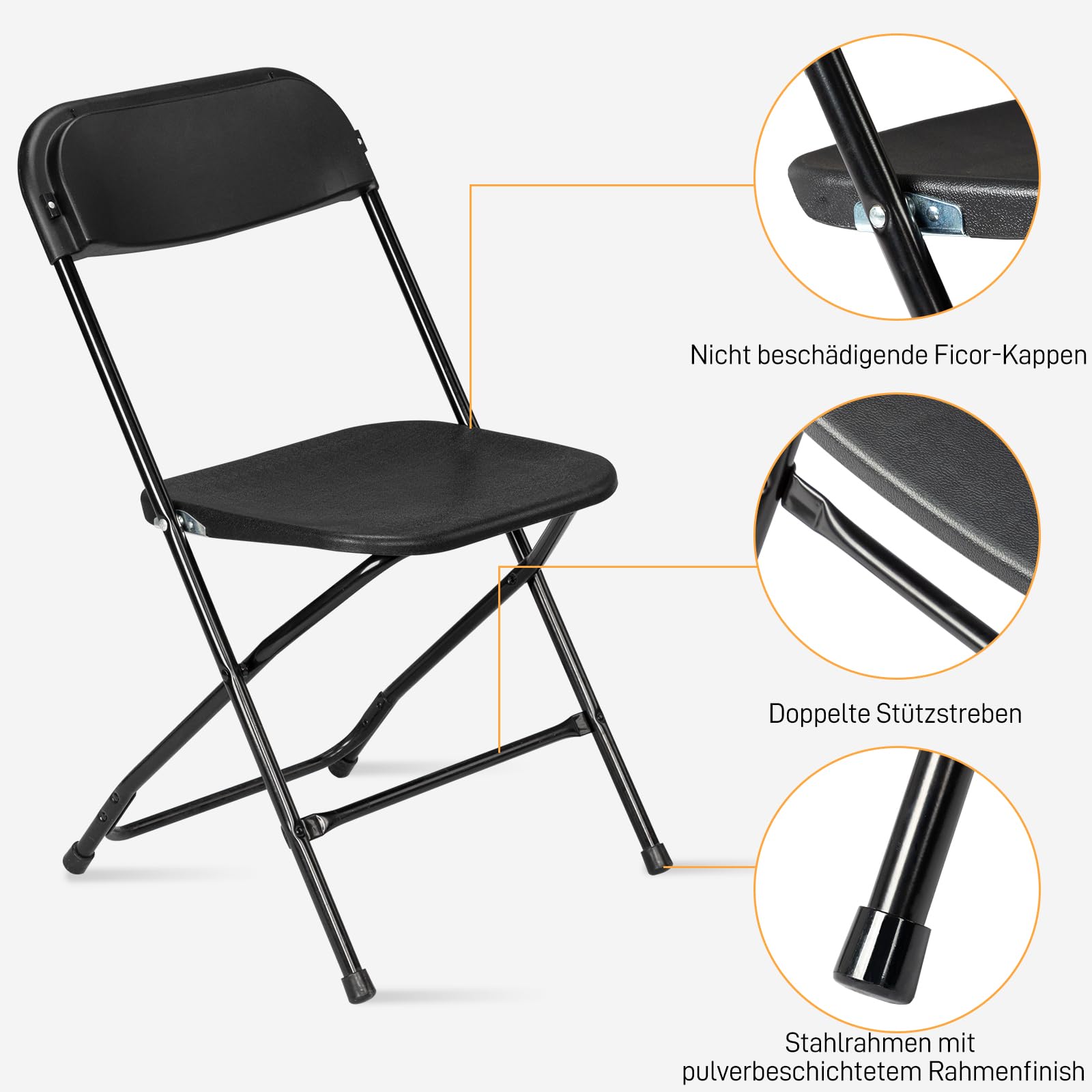LEADZM Klappstühle 4er-Set, Gartenstuhl Klappbar, Stahlgestell, bis 158 kg, Schwarz