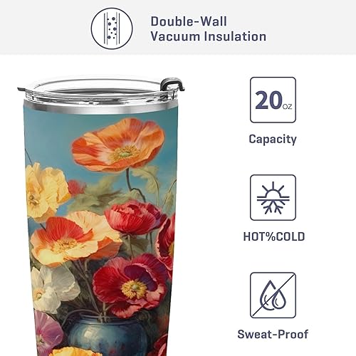 Miniatura 4 de Colorful Flowers Blossom Tumbler with Lid and Straw, Insulated Stainless Steel Tumbler Cup, Double Walled Travel Coffee Mug Thermal Vacuum Cups for