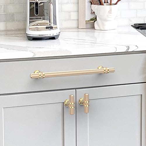 Miniatura 3 de Paquete de 10 tiradores de gabinete dorados de 5 pulgadas (5.039 in) moleteados para gabinetes de cocina, tiradores de cajón, accesorios de armario